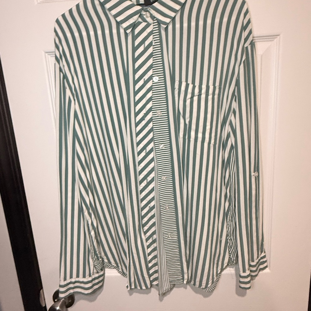 Jane and Delancey Green and White Striped Button Down Shirt